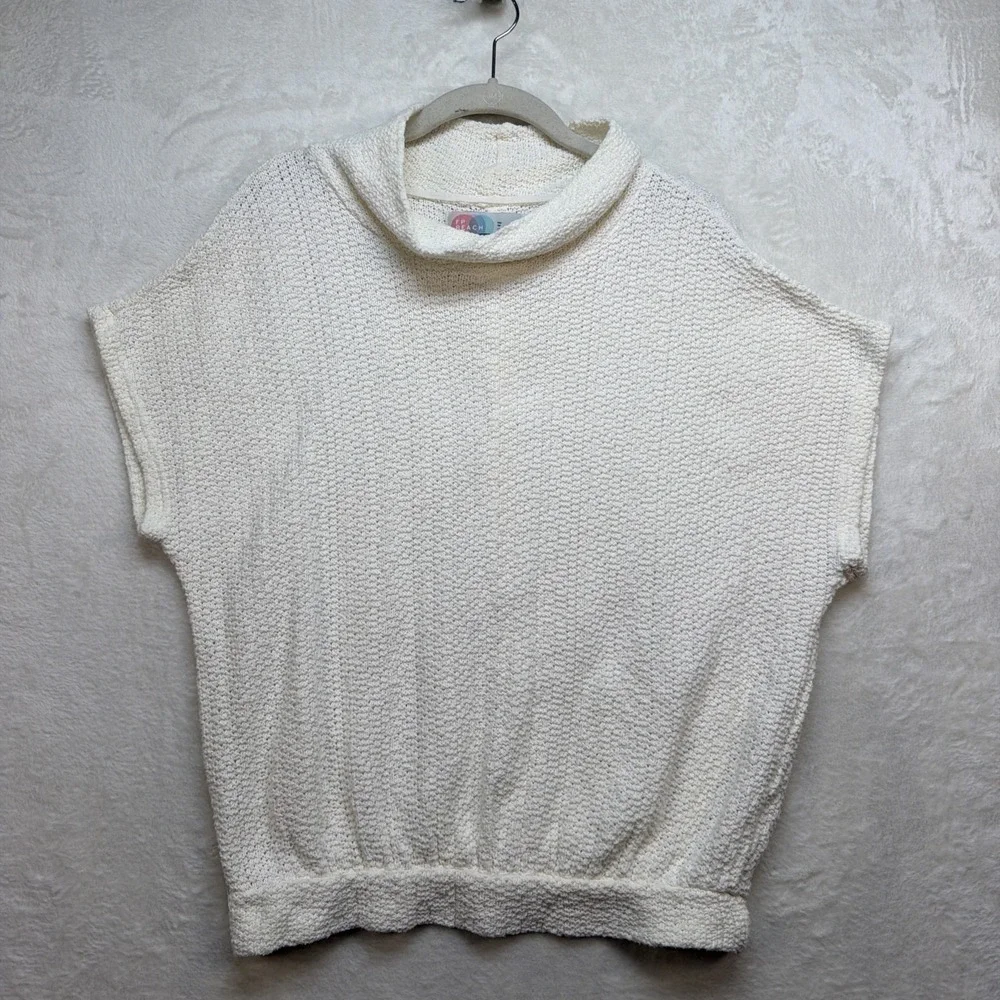 Free People Cream Short Sleeve Textured Cowl Pullover